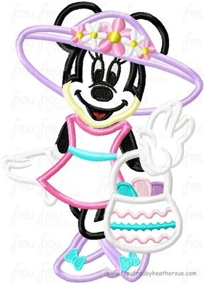 Miss Mouse Wearing Easter Bonnet with Egg Basket Machine Applique Embroidery Design, multiple sizes, including 4 inch