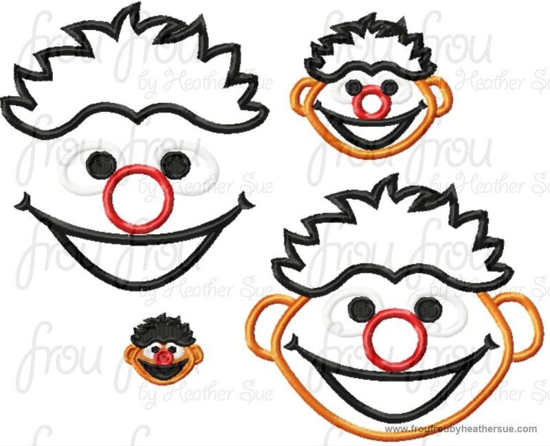 Erny Face and Head  TWO Machine Applique and filled Embroidery  Designs Multiple Sizes, including 1.5, 2, 3,4 inch and more