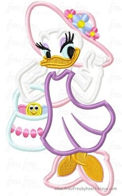 Dasey Duck wearing Easter Bonnet with Egg Basket Machine Applique Embroidery Design, multiple sizes, including 4 inch
