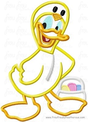 Don Duck dressed as Easter Chick with Egg Basket Machine Applique Embroidery Design, multiple sizes, including 4 inch