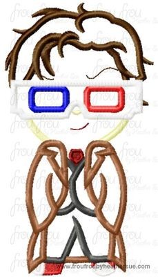 Tenth Doctor Cutie With 3d Glasses Who Machine Applique Embroidery Design Multiple Sizes, including 4 inch
