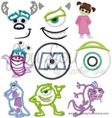 Monsters NINE Design SET Machine Applique Embroidery Designs, Multiple sizes including 4 inch