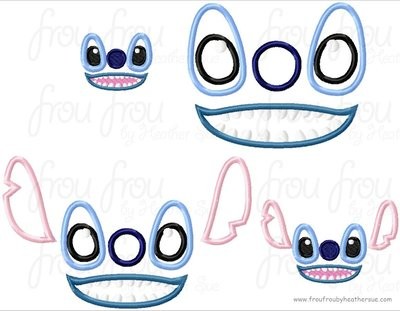 Lila's Alien Just Face and With Ears TWO design SET Applique Embroidery Design, Multiple Sizes, including 2-7 inch