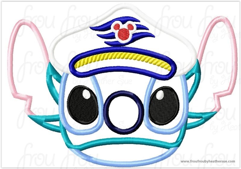 Lila's Alien Head Wearing Captain Hat Cruise Ship Machine  Applique Embroidery Design, Multiple Sizes, including  4 inch