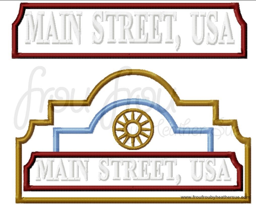 Main Street World Wording with and without frame Machine Applique Embroidery Design, Multiple sizes including 4 inch