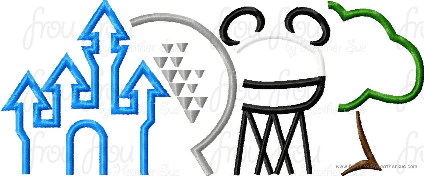 Four parks, one world with tower Machine Embroidery Design, multiple sizes including 1&quot;-16&quot;