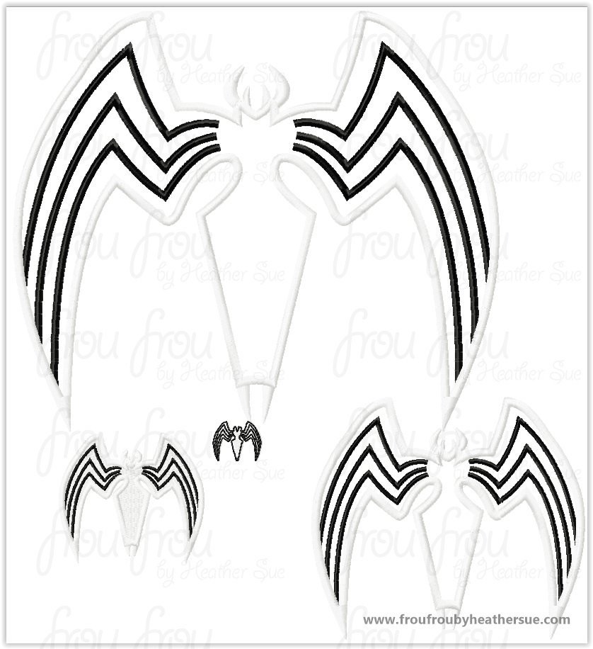 Venomous Villain Spider Superhero Machine Applique Embroidery Design, Multiple sizes including 1, 2, 3, 4, 7, 8, 10, 12, 14, and 16 inch