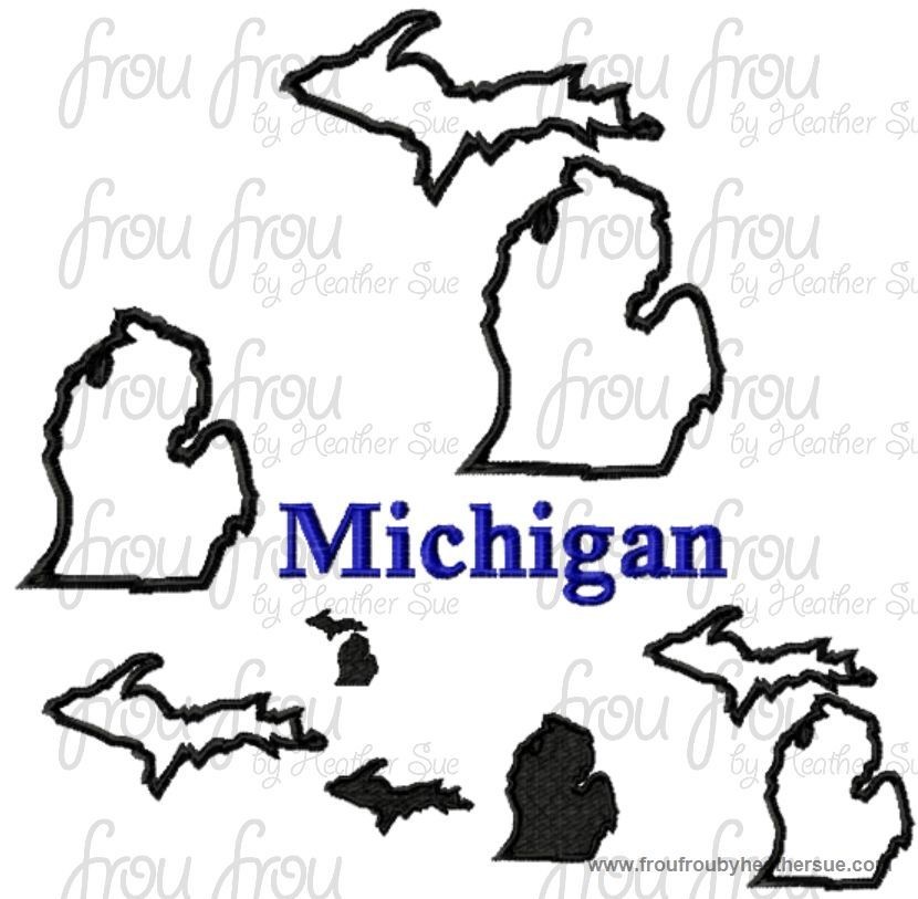 Michigan State Machine Applique and filled Embroidery Design With and Without Wording Upper and Lower Peninsula- Multiple Sizes- 1"-16'