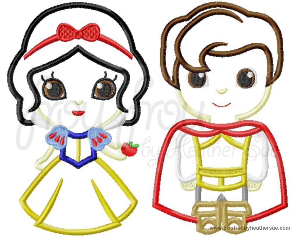 Snowy White and her Prince Cutie Little Princess TWO Design SET Machine Applique Embroidery Design, Multiple Sizes NOW INCLUDING 4 INCH