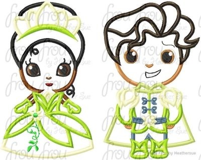Tina and Prince Naveem Little Frog Princess and Prince Cuties TWO Design SET, Machine Applique Embroidery Design, Multiple Sizes- NOW INCLUDING 4 INCH