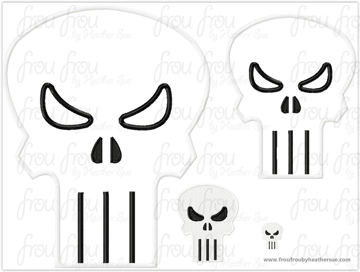 Punish Man Skull Superhero Machine Applique Embroidery Design, Multiple sizes including half, 1, 2, 3, 4, 7, 8, 10, 12, 14, and 16 inch