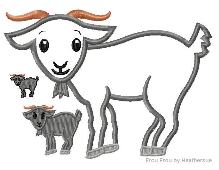 Goat Machine Applique Embroidery Design, multiple sizes, including 1, 2, 3, 4, 7, and 9 inch