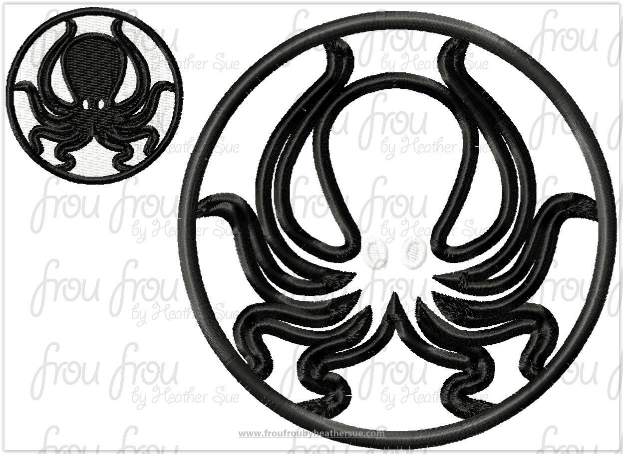 Octopus  Black and White with Circle Applique and filled Embroidery Design, Multiple Sizes, including 2&quot;-14&quot;