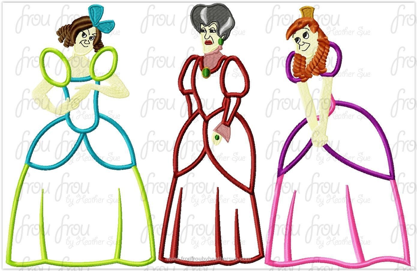 Drizzy, Lady Stepmother, and Ana Stepsister Full Body Princesses THREE DESIGN SET Machine Applique Embroidery Design, Multiple sizes including 4"-16"