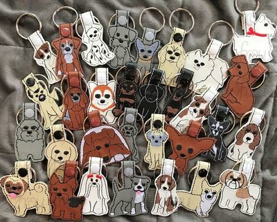Dog Breeds Key Fobs THIRTY-TWO Design SET, Two versions each, short and long tab, velcro or snaps, THREE SIZES in the hoop Machine Applique Embroidery Design- 4", 7", and 10"
