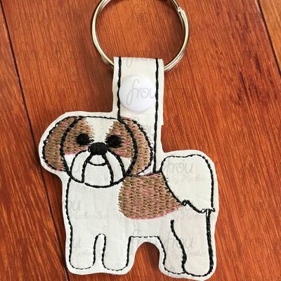 Shih Tzu Puppy Dog Key Fob, Two versions each, short and long tab, velcro or snaps, THREE SIZES in the hoop Machine Applique Embroidery Design- 4", 7", and 10"