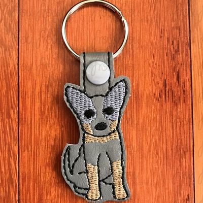 Blue Heeler Puppy Dog Key Fob, Two versions each, short and long tab, velcro or snaps, THREE SIZES in the hoop Machine Applique Embroidery Design- 4