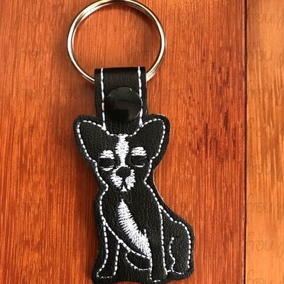 Boston Terrier Puppy Dog Key Fob, Two versions each, short and long tab, velcro or snaps, THREE SIZES in the hoop Machine Applique Embroidery Design- 4", 7", and 10"