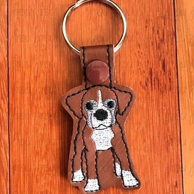 Boxer Puppy Dog Key Fob, Two versions each, short and long tab, velcro or snaps, THREE SIZES in the hoop Machine Applique Embroidery Design- 4", 7", and 10"