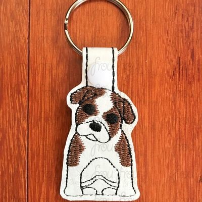Bulldog Puppy Dog Key Fob, Two versions each, short and long tab, velcro or snaps, THREE SIZES in the hoop Machine Applique Embroidery Design- 4