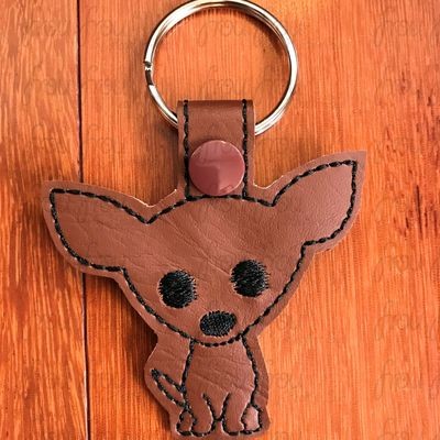 Chihuahua Puppy Dog Key Fob, Two versions each, short and long tab, velcro or snaps, THREE SIZES in the hoop Machine Applique Embroidery Design- 4", 7", and 10"