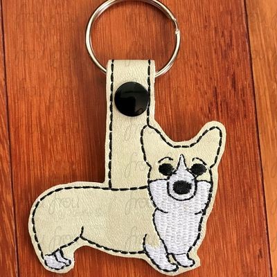 Corgi Puppy Dog Key Fob, Two versions each, short and long tab, velcro or snaps, THREE SIZES in the hoop Machine Applique Embroidery Design- 4", 7", and 10"