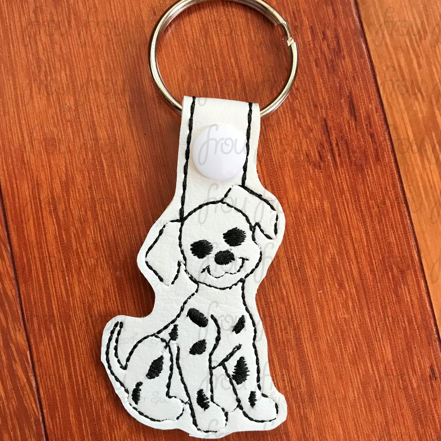 Dalmatian Puppy Dog Key Fob, Two versions each, short and long tab, velcro or snaps, THREE SIZES in the hoop Machine Applique Embroidery Design- 4