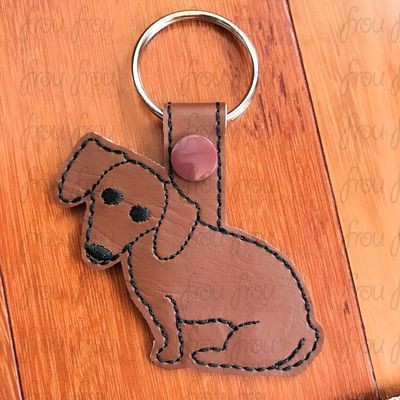Dachshund Puppy Dog Key Fob, Two versions each, short and long tab, velcro or snaps, THREE SIZES in the hoop Machine Applique Embroidery Design- 4