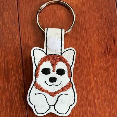 Husky Puppy Dog Key Fob, Two versions each, short and long tab, velcro or snaps, THREE SIZES in the hoop Machine Applique Embroidery Design- 4