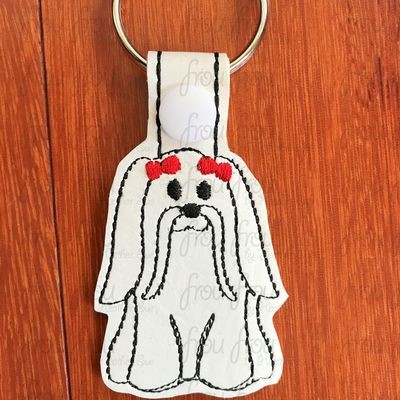 Maltese Puppy Dog Key Fob, Two versions each, short and long tab, velcro or snaps, THREE SIZES in the hoop Machine Applique Embroidery Design- 4", 7", and 10"