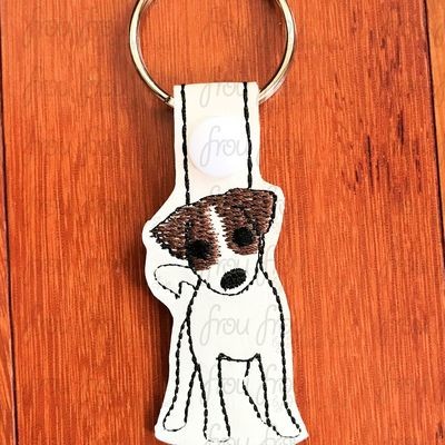 Jack Russell Terrier Puppy Dog Key Fob, Two versions each, short and long tab, velcro or snaps, THREE SIZES in the hoop Machine Applique Embroidery Design- 4", 7", and 10"