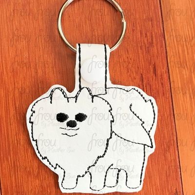 Pomeranian Puppy Dog Key Fob, Two versions each, short and long tab, velcro or snaps, THREE SIZES in the hoop Machine Applique Embroidery Design- 4", 7", and 10"