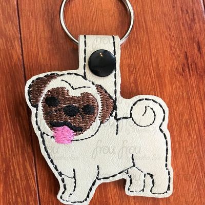 Pug Puppy Dog Key Fob, Two versions each, short and long tab, velcro or snaps, THREE SIZES in the hoop Machine Applique Embroidery Design- 4", 7", and 10"