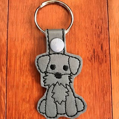 Schnauzer Puppy Dog Key Fob, Two versions each, short and long tab, velcro or snaps, THREE SIZES in the hoop Machine Applique Embroidery Design- 4