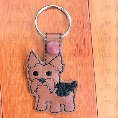 Yorkie Puppy Dog Key Fob, Two versions each, short and long tab, velcro or snaps, THREE SIZES in the hoop Machine Applique Embroidery Design- 4", 7", and 10"