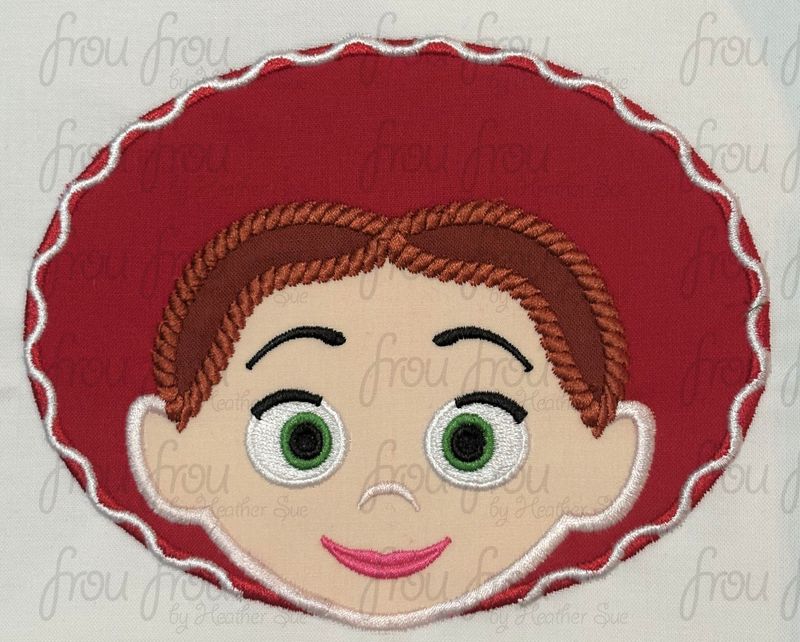 Jess Cowgirl Toy Head Machine Applique and Filled Embroidery Design, Multiple Sizes, including 2"-16"