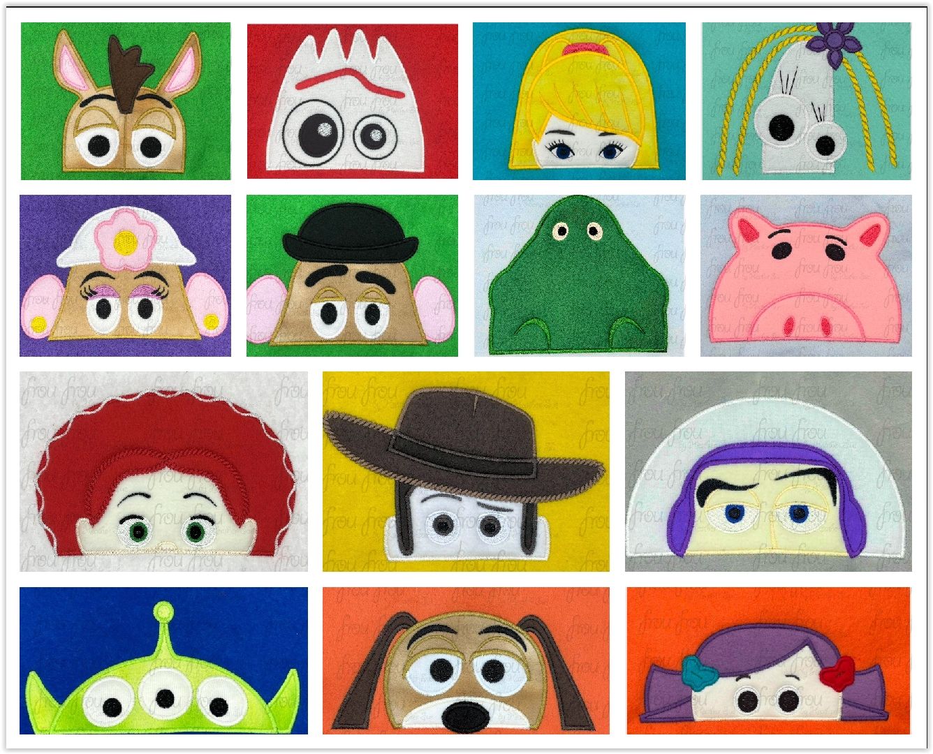 Toy Movie Peekers FOURTEEN Design SET  Machine Applique and Filled Embroidery Design, Multiple Sizes, including 2"-16"