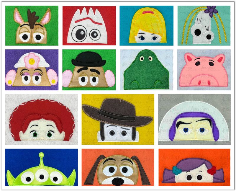 Toy Movie Peekers FOURTEEN Design SET  Machine Applique and Filled Embroidery Design, Multiple Sizes, including 2"-16"