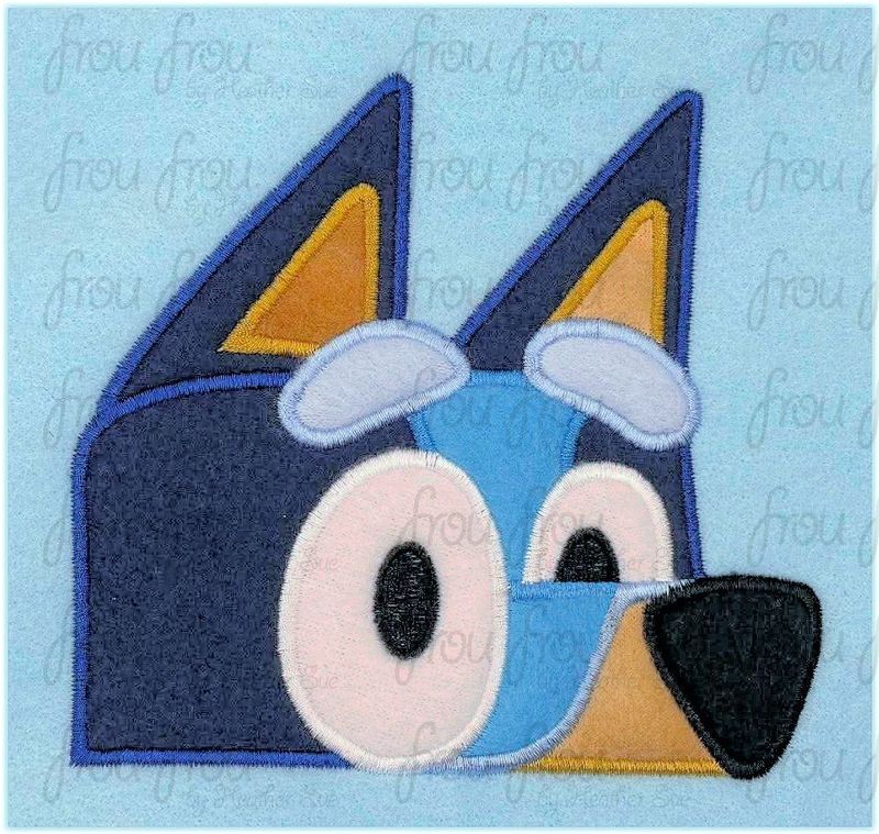 Blue Dog Peeker Machine Applique and Filled Embroidery Designs, Multiple sizes including some in 2"-16"
