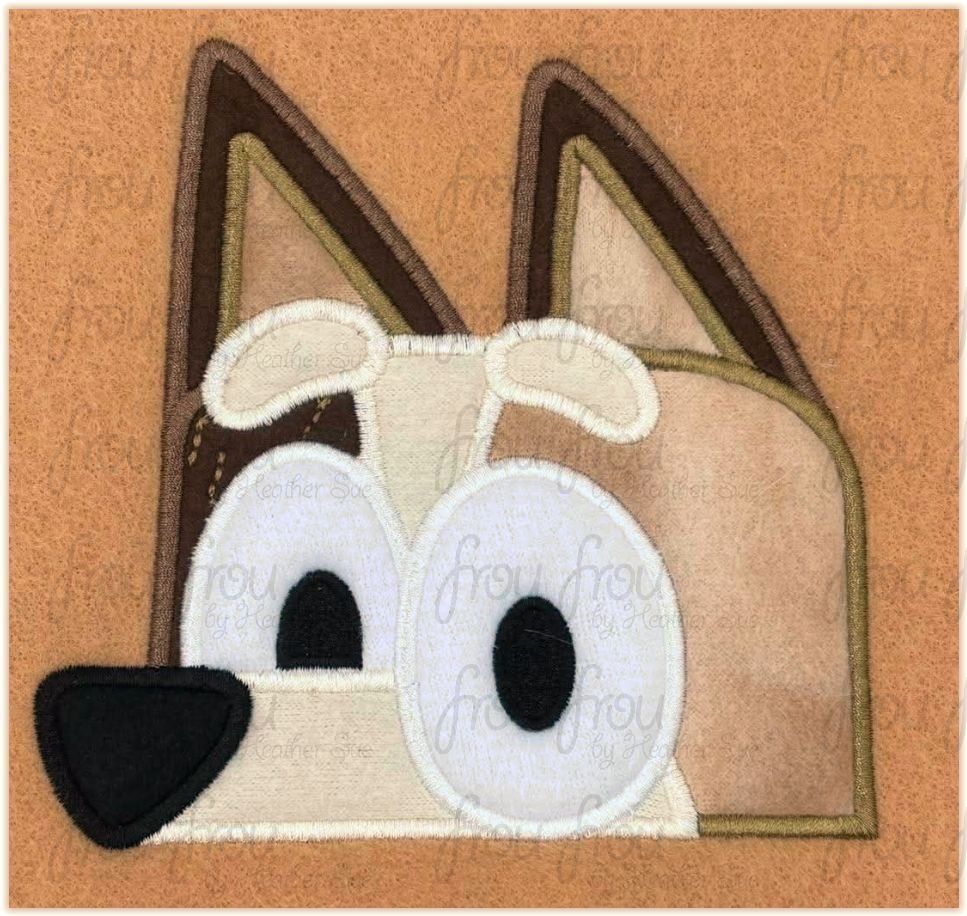 Mom Chilly Blue Dog Peeker Machine Applique and Filled Embroidery Designs, Multiple sizes including some in 2"-16"