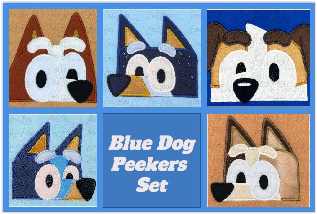 Blue Dog Peekers Five Design SET Machine Applique and Filled Embroidery Designs, Multiple sizes including some in 2"-16"