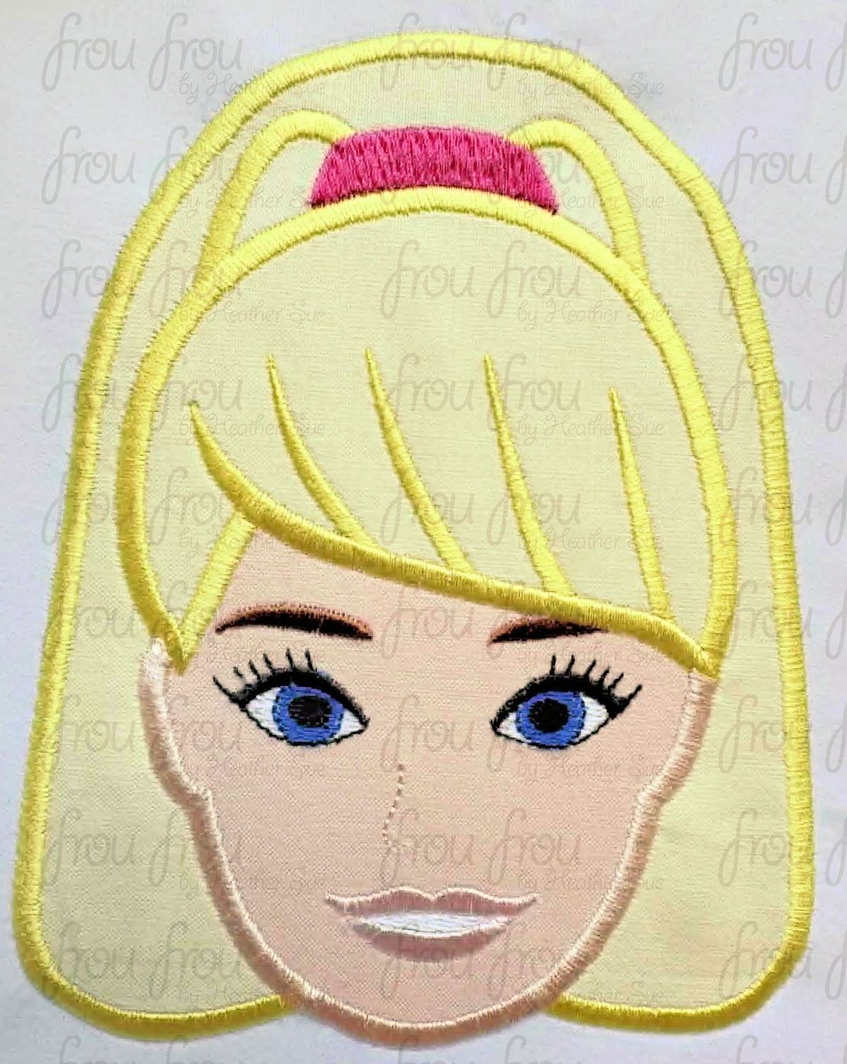 Barb Doll Toy Head Machine Applique and Filled Embroidery Design, Multiple Sizes, including 2"-16"