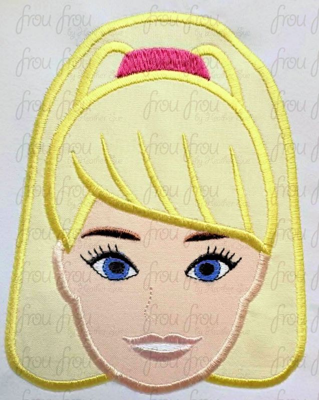 Barb Doll Toy Head Machine Applique and Filled Embroidery Design, Multiple Sizes, including 2"-16"