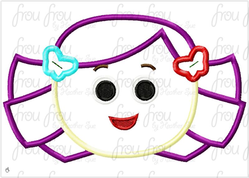 Dolly Toy Head Machine Applique and Filled Embroidery Design, Multiple Sizes, including 2"-16"