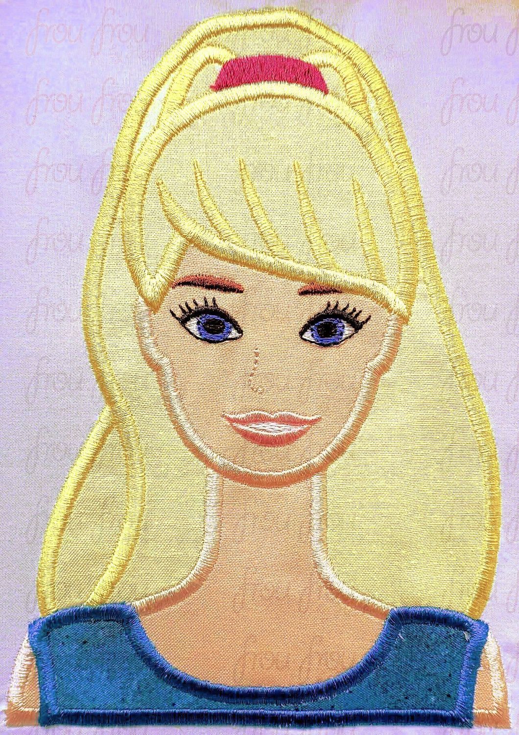 Barb Doll Toy Head and Shoulders Machine Applique and Filled Embroidery Design, Multiple Sizes, including 3"-16"
