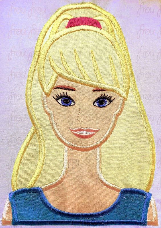 Barb Doll Toy Head and Shoulders Machine Applique and Filled Embroidery Design, Multiple Sizes, including 3"-16"
