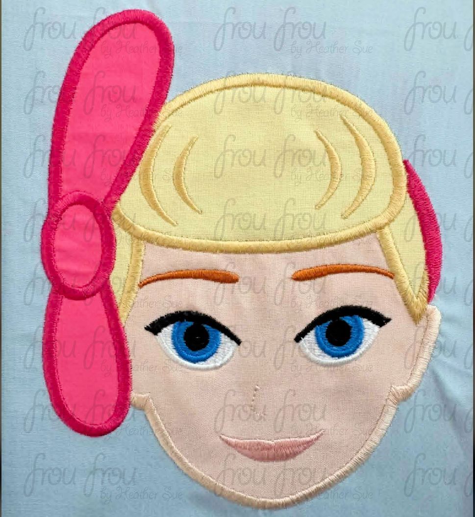 Bopeep Toy Head Machine Applique and Filled Embroidery Design, Multiple Sizes, including 2"-16"