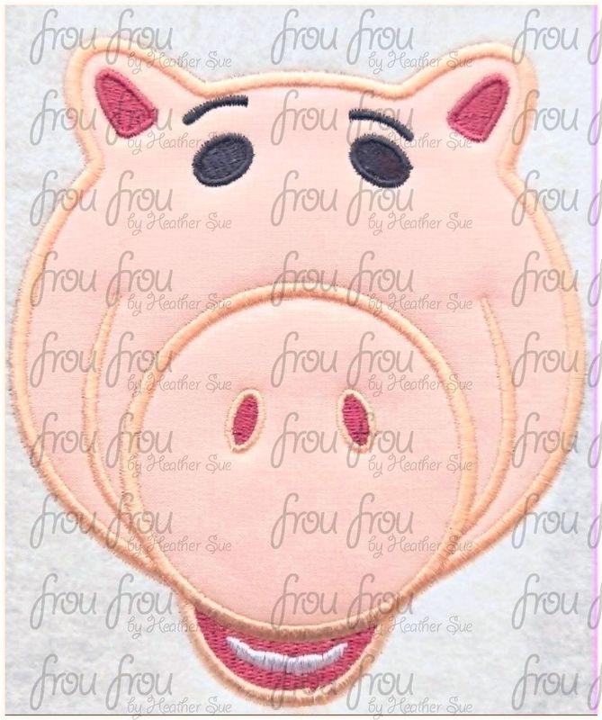 Ham Pig Toy Head Machine Applique and Filled Embroidery Design, Multiple Sizes, including 2"-16"