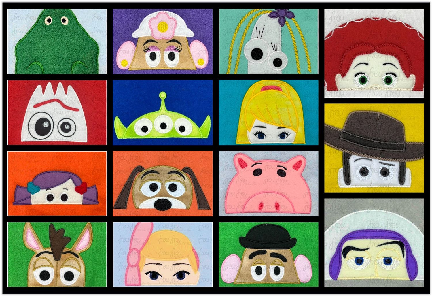 Toy Movie Peekers FIFTEEN Design SET  Machine Applique and Filled Embroidery Design, Multiple Sizes, including 2"-16"