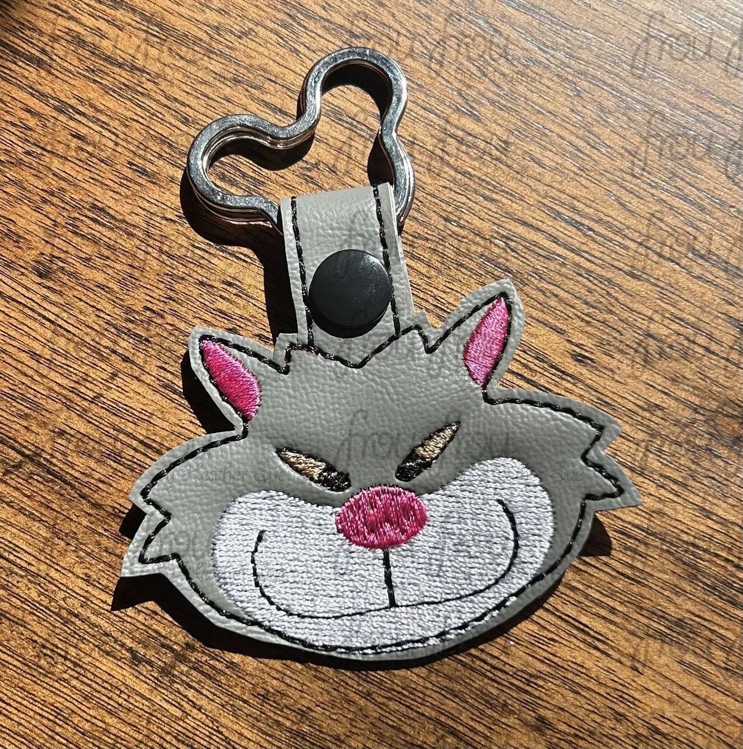 Lucifer Rusafee Cat Head Key Fob, short and long tab, velcro or snaps, THREE SIZES in the hoop Machine Applique Embroidery Design multiple sizes